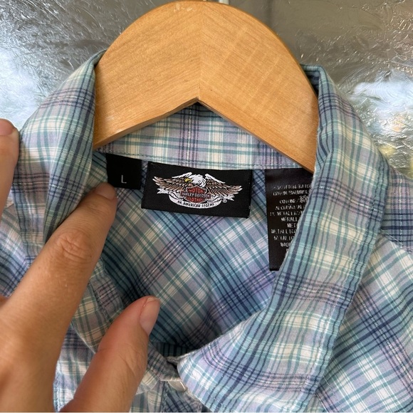 Harley-Davidson Large Short Sleeve Embroidered Blue Purple Silver Plaid Buttonup - Picture 4 of 8